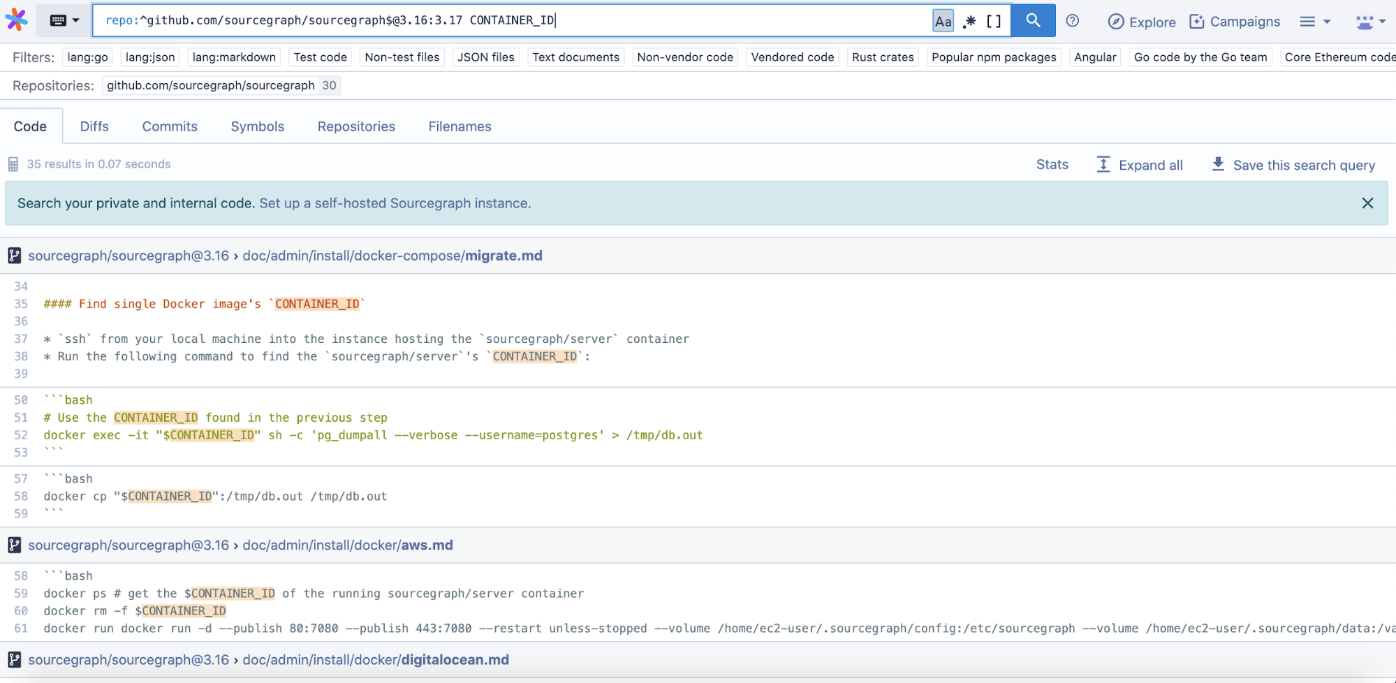 Search over Sourcegraph versions 3.16 and 3.17